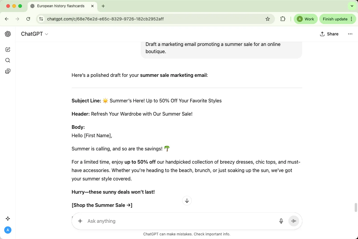 ChatGPT drafts a marketing email promoting a summer sale for an online boutique