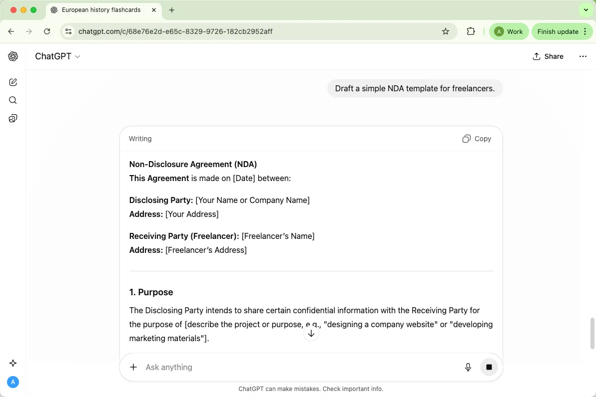 ChatGPT drafts a simple NDA template for freelancers