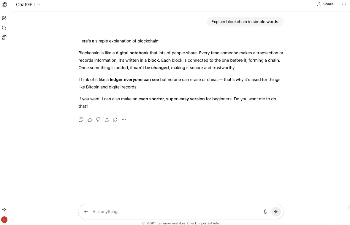 ChatGPT explain blockchain in simple words
