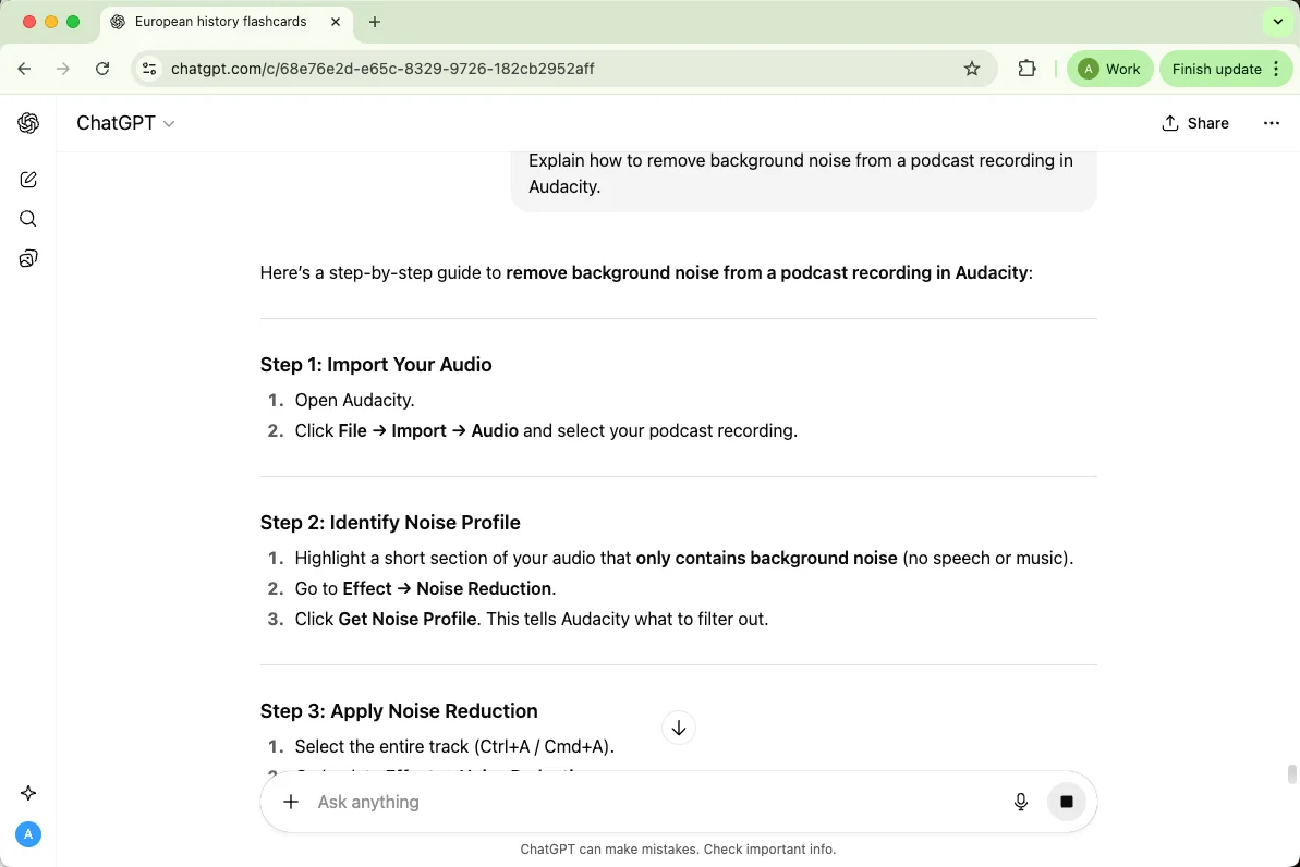 ChatGPT Explain how to remove background noise from a podcast recording in Audacity