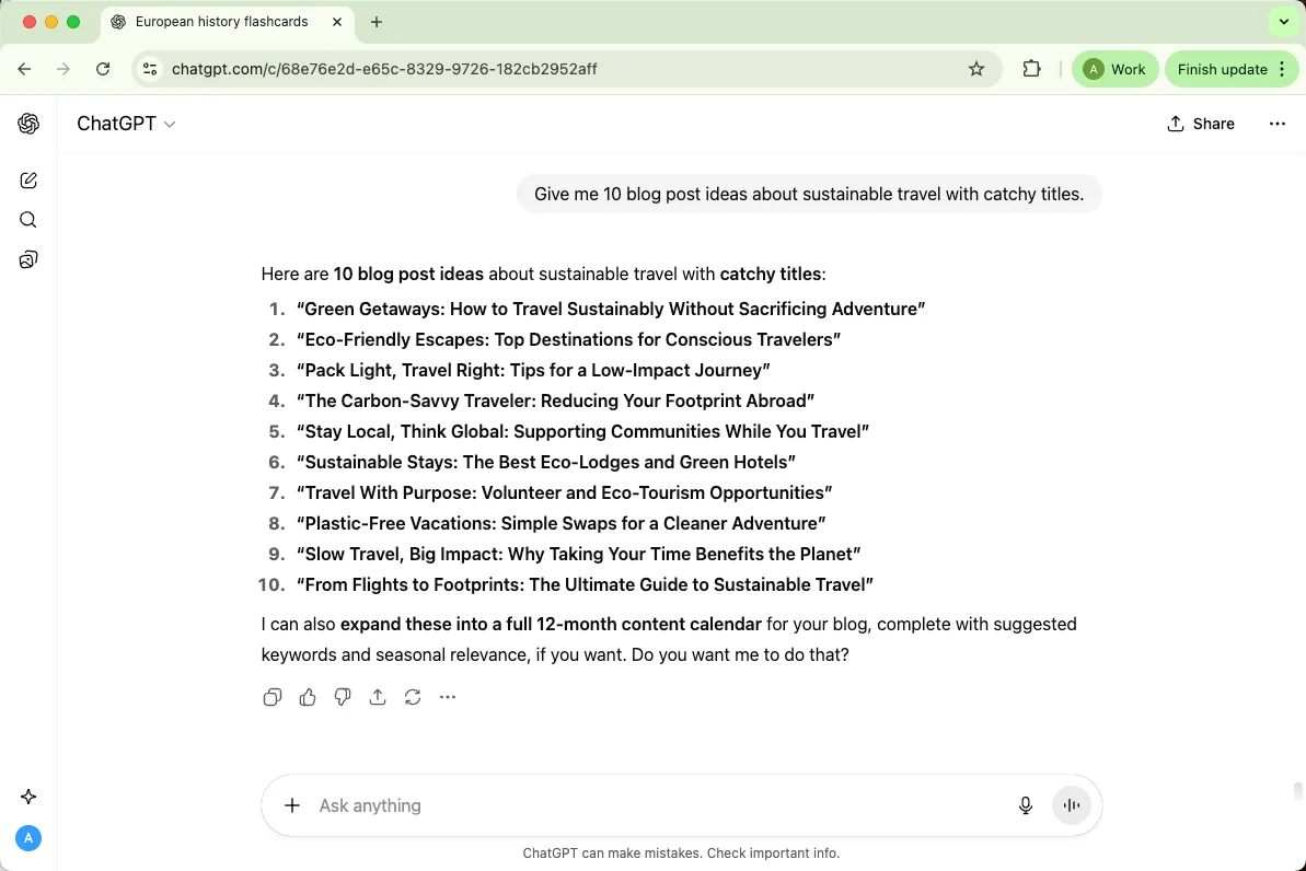 ChatGPT gives 10 blog post ideas about sustainable travel with catchy titles