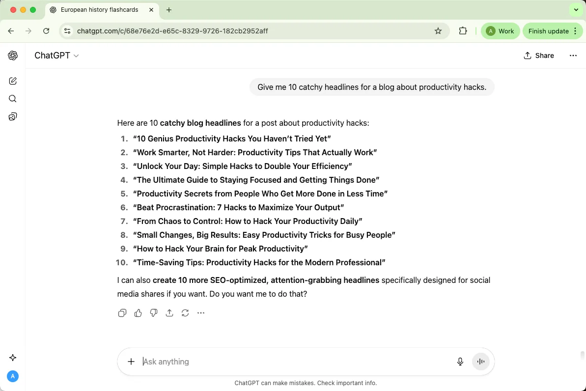 ChatGPT gives 10 catchy headlines for a blog about productivity hacks