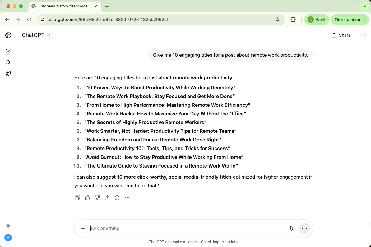 ChatGPT gives 10 engaging titles for a post about remote work productivity