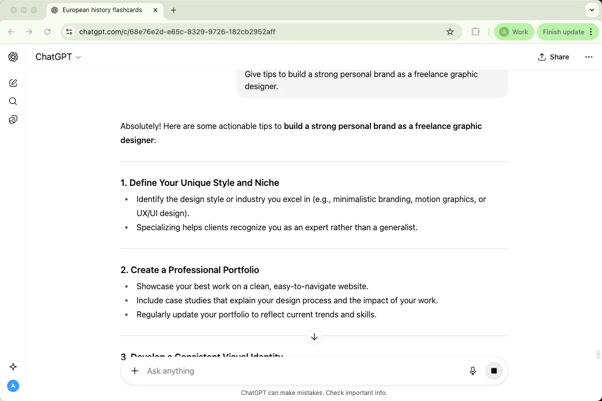 ChatGPT gives tips to build a strong personal brand as a freelance graphic designer