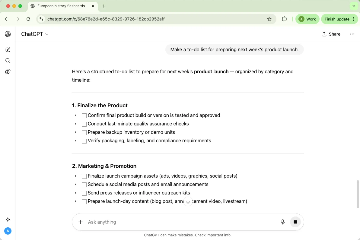 ChatGPT make a to-do list for preparing next week’s product launch