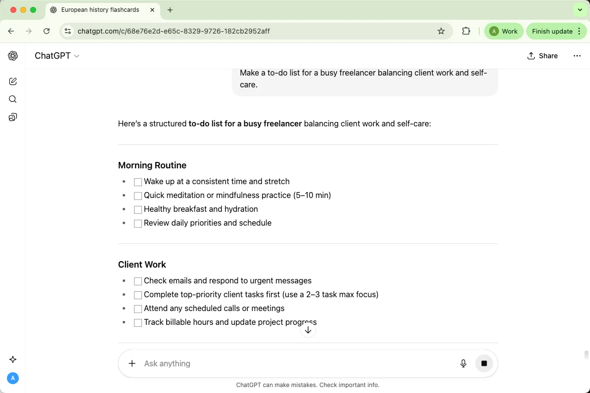 ChatGPT makes a to-do list for a busy freelancer balancing client work and self-care