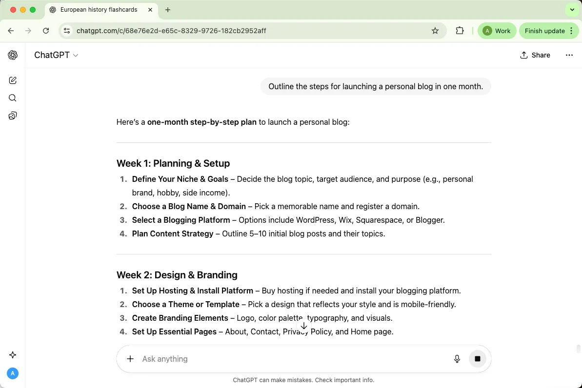 ChatGPT Outlines the steps for launching a personal blog in one month