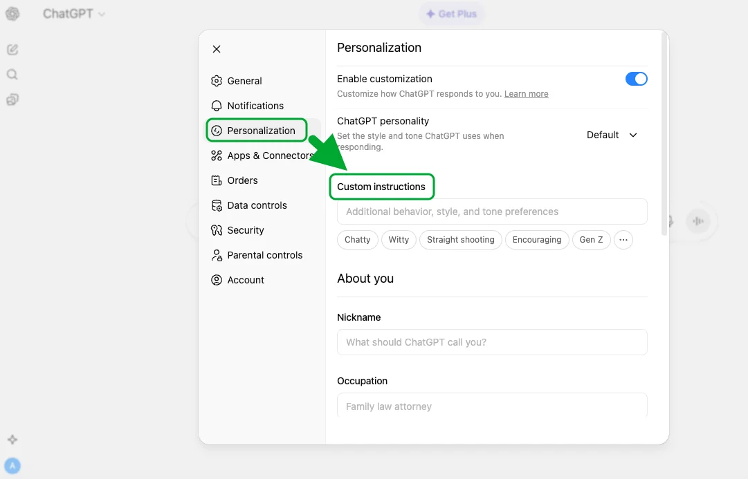 ChatGPT personalization custom instructions