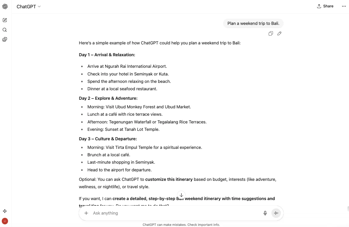 ChatGPT plan a weekend trip to Bali