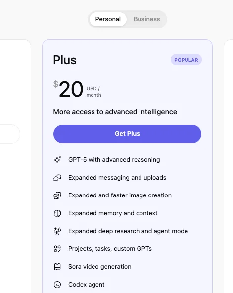 ChatGPT Plus plan features 