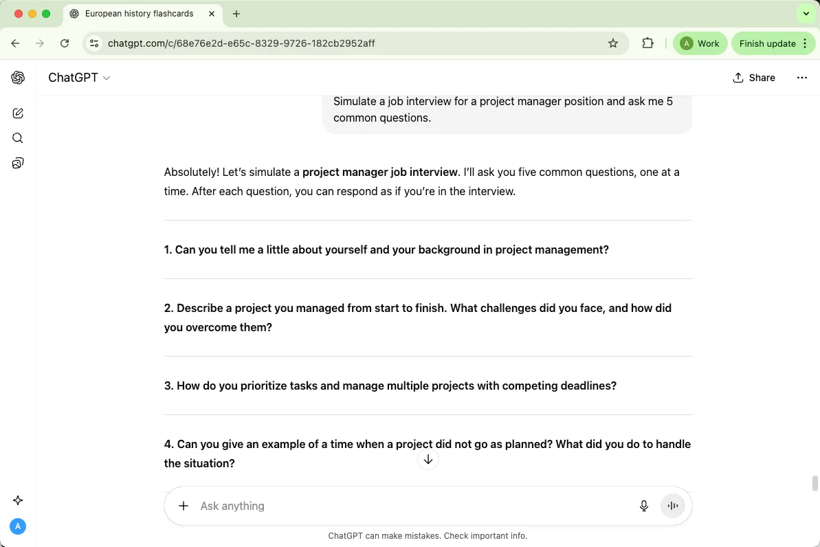 ChatGPT simulates a job interview for a project manager position and ask me 5 common questions