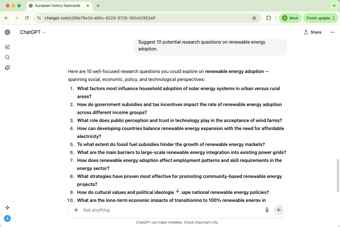 ChatGPT suggest 10 potential research questions on renewable energy adoption