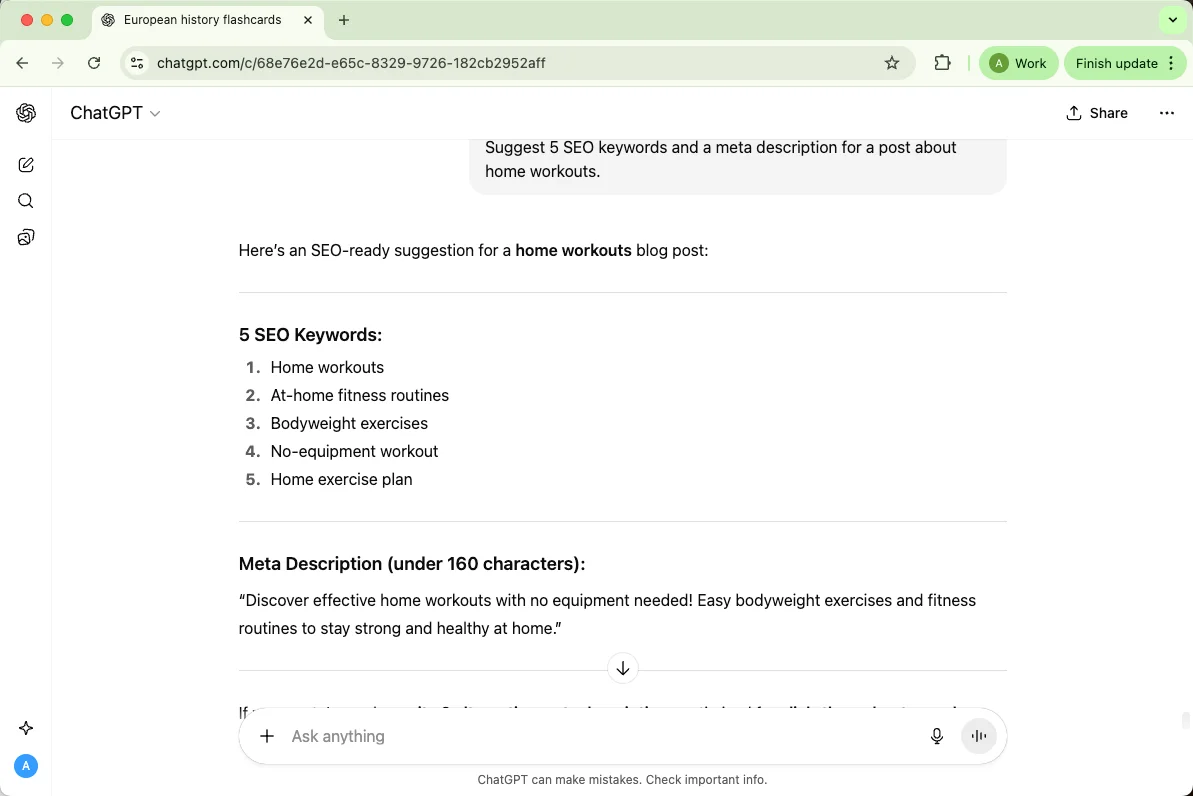 ChatGPT suggests 5 SEO keywords and a meta description for a post about home workouts