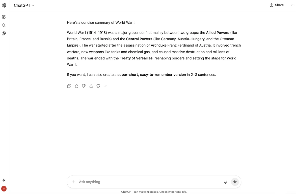ChatGPT summarize World War I