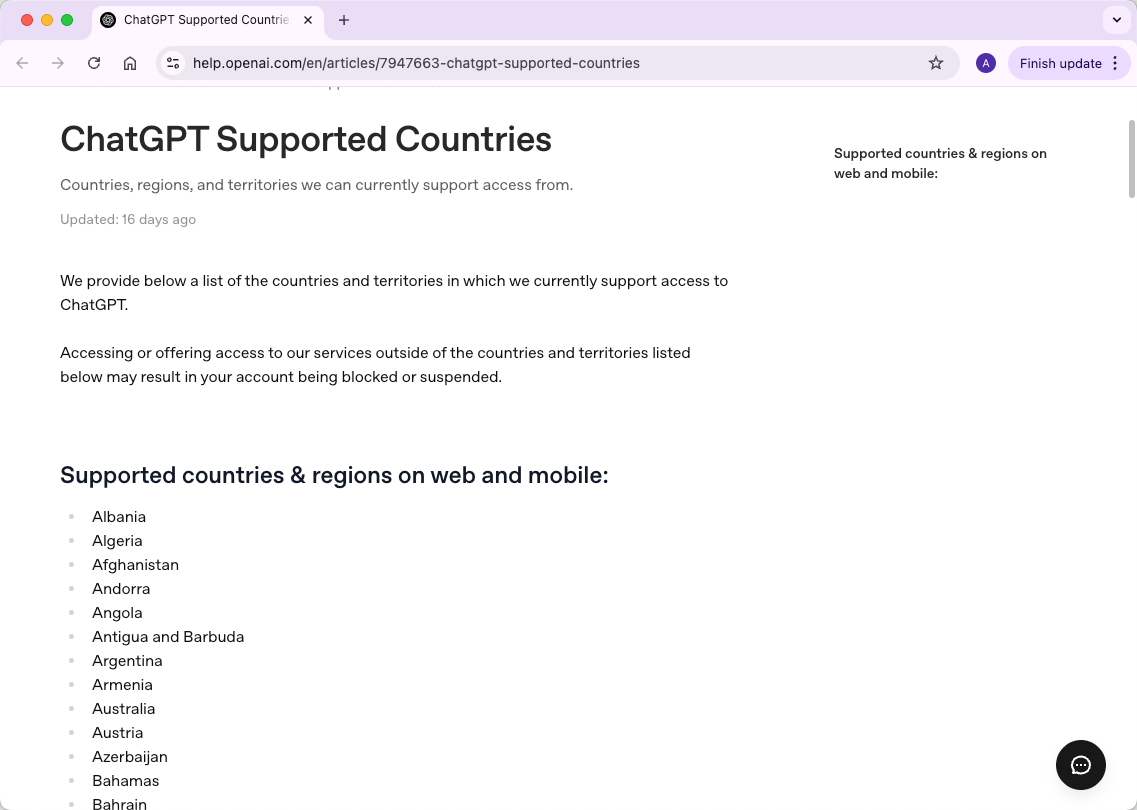 ChatGPT Supported Countries 