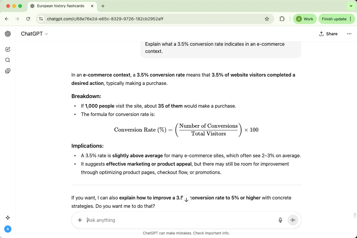ChatGPT explains what a 3.5% conversion rate indicates in an e-commerce context