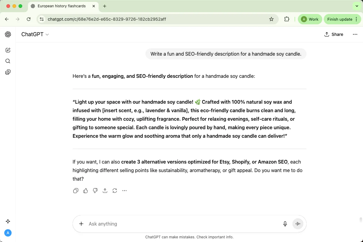 ChatGPT write a fun and SEO-friendly description for a handmade soy candle