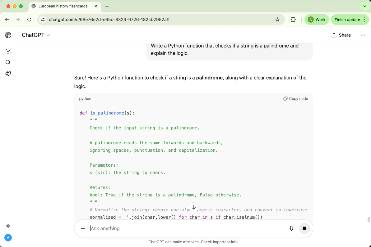 ChatGPT writes a python function that checks if a string is a palindrome and explain the logic
