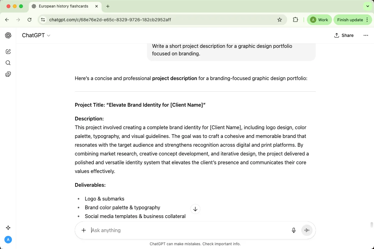 ChatGPT writes a short project description for a graphic design portfolio focused on branding