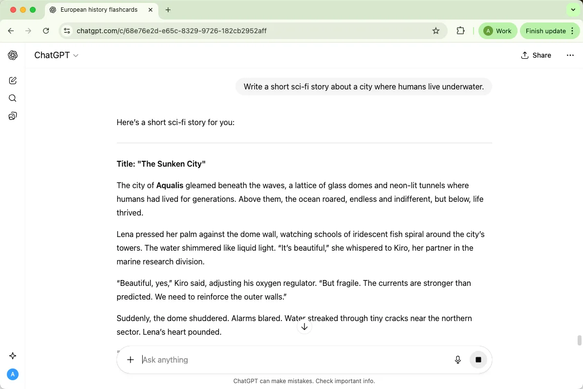 ChatGPT write a short sci-fi story about a city where humans live underwater