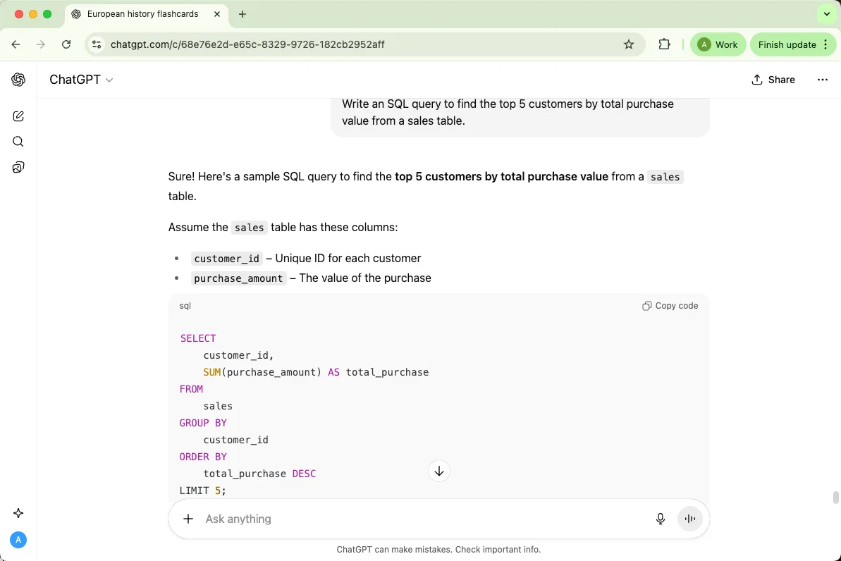 ChatGPT writes an SQL query to find the top 5 customers by total purchase value from a sales table