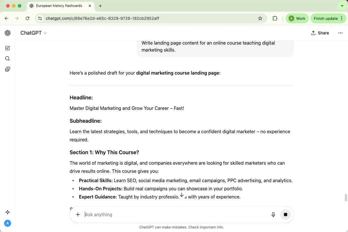 ChatGPT writes landing page content for an online course teaching digital marketing skills