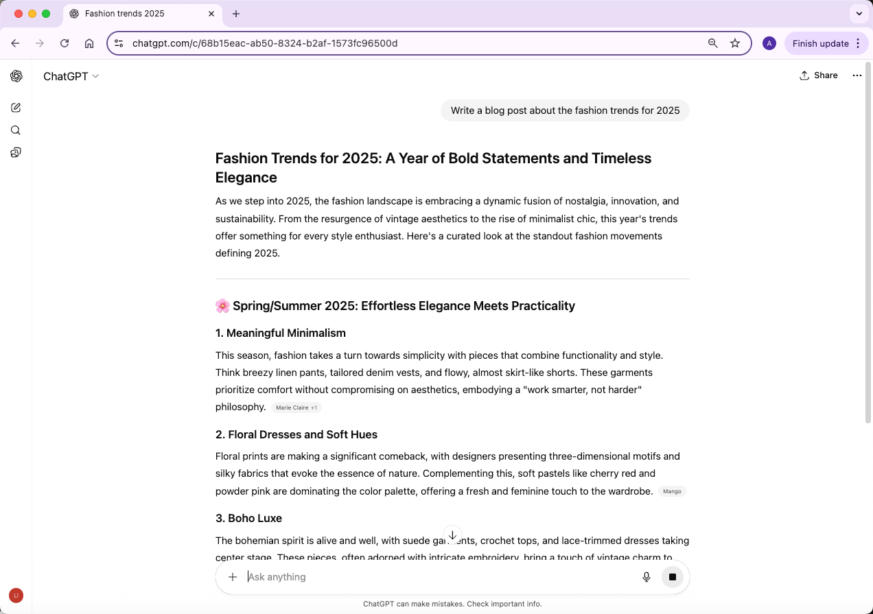 ChatGPT Writing Blog Fashion Trends for 2025