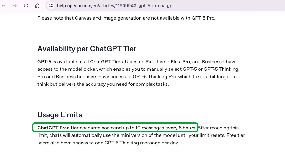 OpenAI help center ChatGPT free tier usage limits