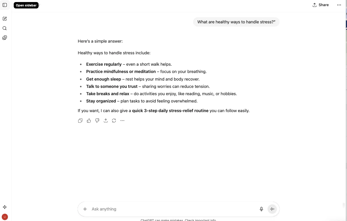 ChatGPT answer healthy ways to handle stress