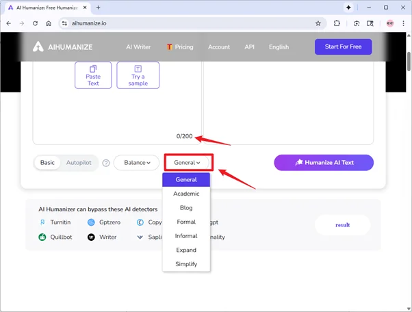 Aihumanize.io free trial input limits 200 words and mode options Aihumanize.io free trial input limits 200 words and mode options