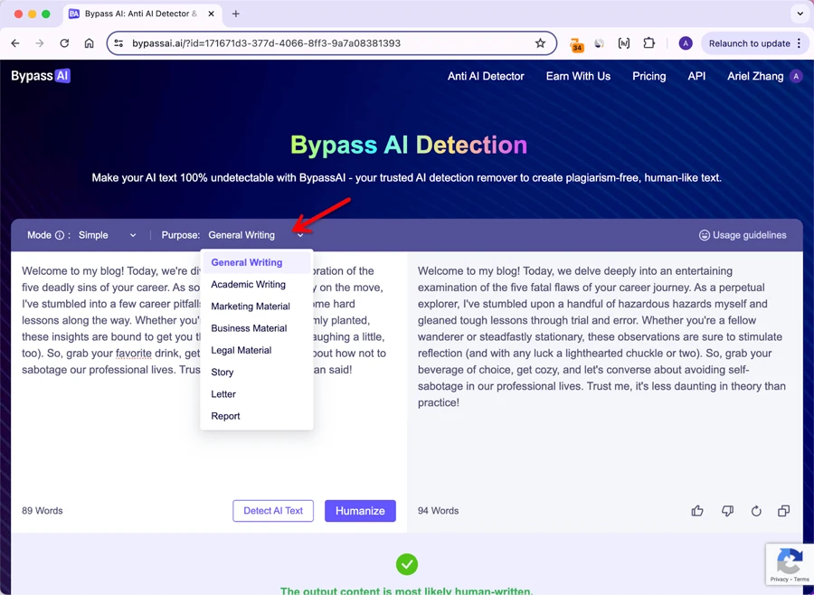 Opções de Propósito de Escrita do Bypass AI