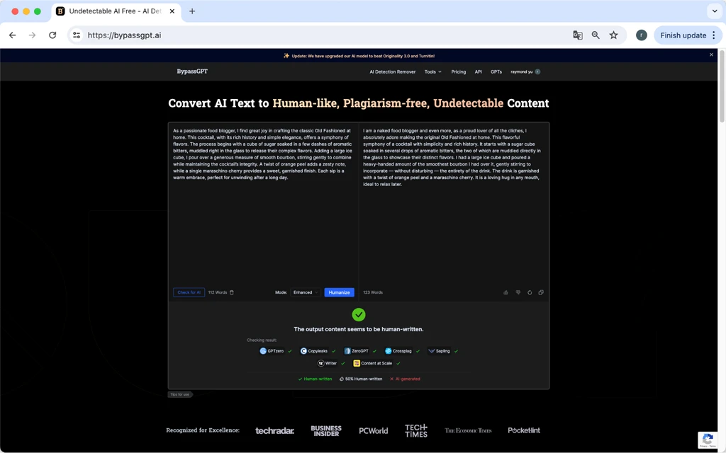 BypassGPTによるヒューマナイズされたChatGPTの出力、お気に入りのカクテルを家で作る