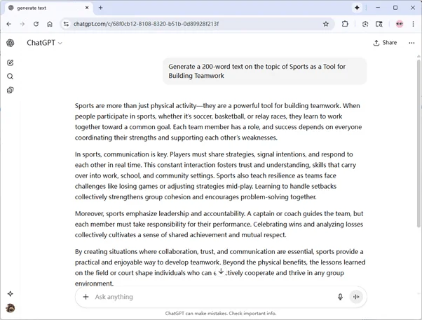 ChatGPT output Sports as a Tool for Building Teamwork