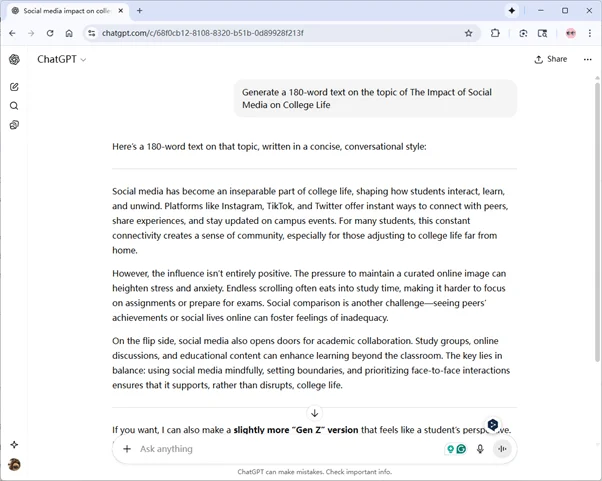 ChatGPT output The Impact of Social Media on College Life ChatGPT output The Impact of Social Media on College Life