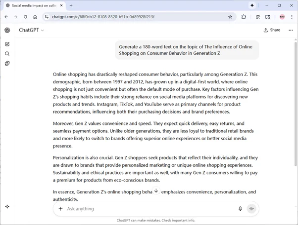 ChatGPT output The Influence of Online Shopping on Consumer Behavior in Generation Z ChatGPT output The Influence of Online Shopping on Consumer Behavior in Generation Z