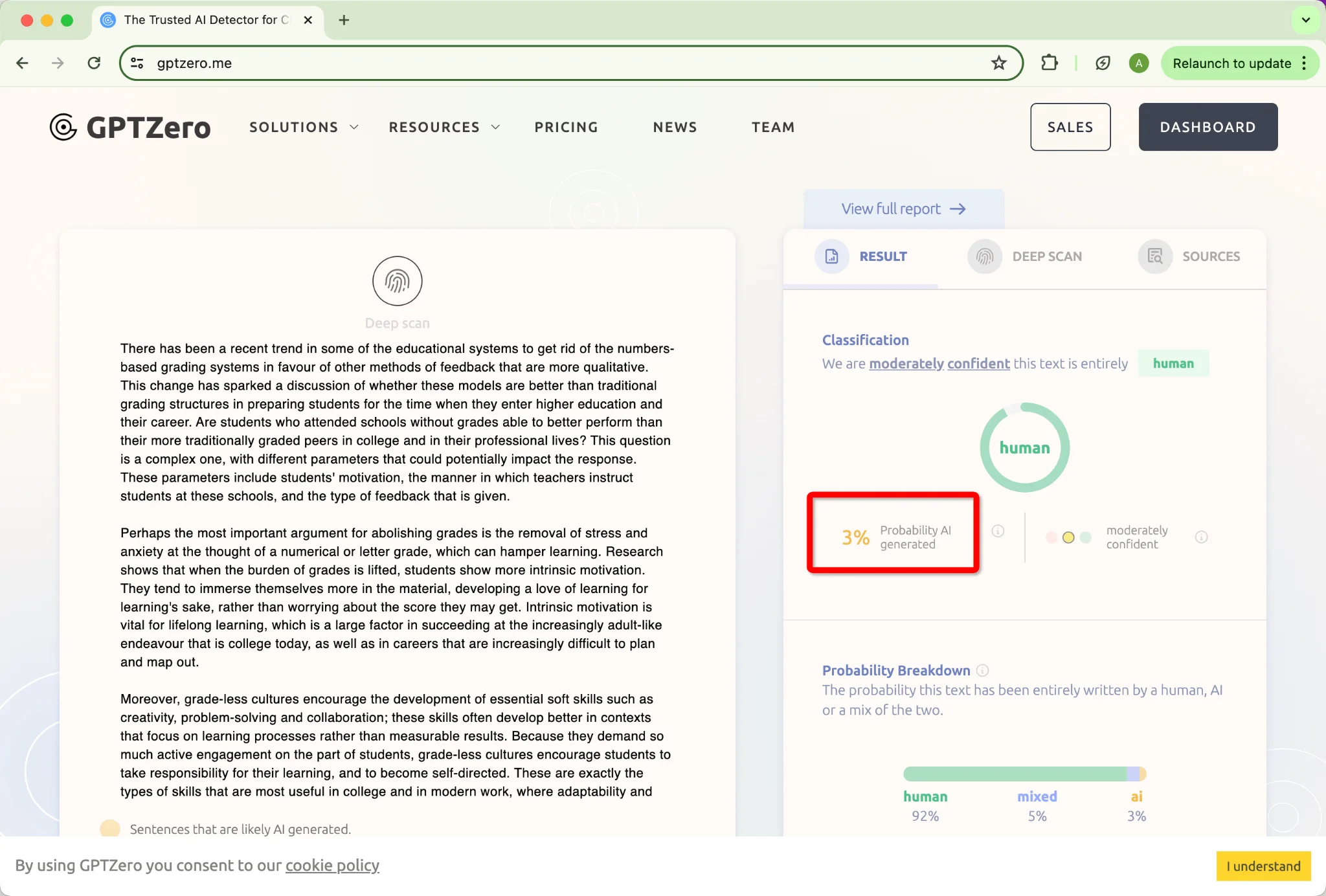 GPTZero KI-Score der Phrasly.ai-Humanisierung Initial Output 3 Prozent KI