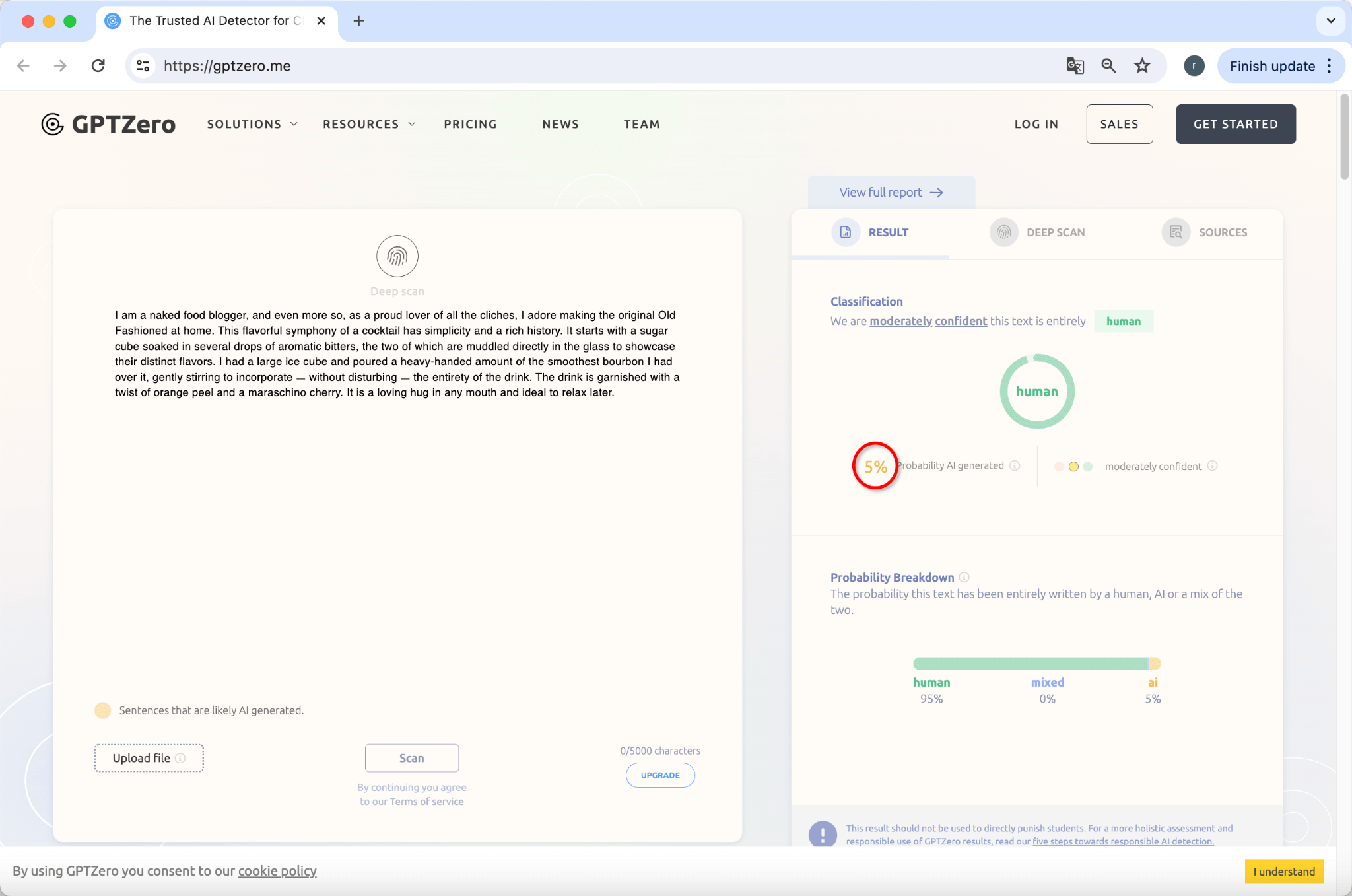 GPTzeroによるBypassGPT出力のGrammarly修正版スコア 5％ AI