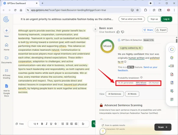 GPTzero scores grammatically-optimized AI Undetect humanized text 100% AI