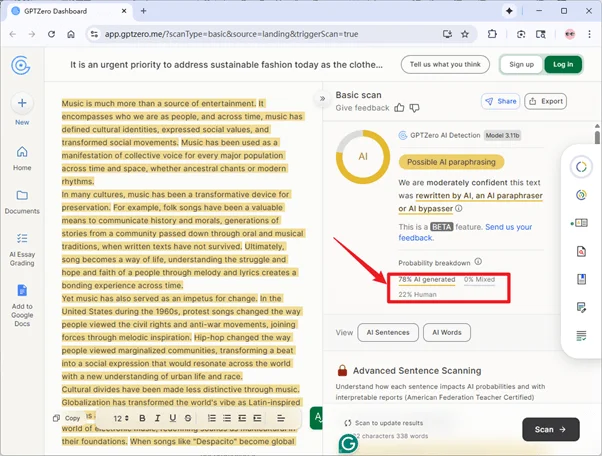 GPTzero scores grammatically-optimized Grubby AI humanized text 78% AI
