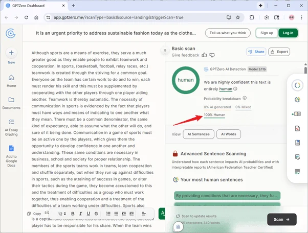 GPTzero scores the output of AI Undetect 0% AI