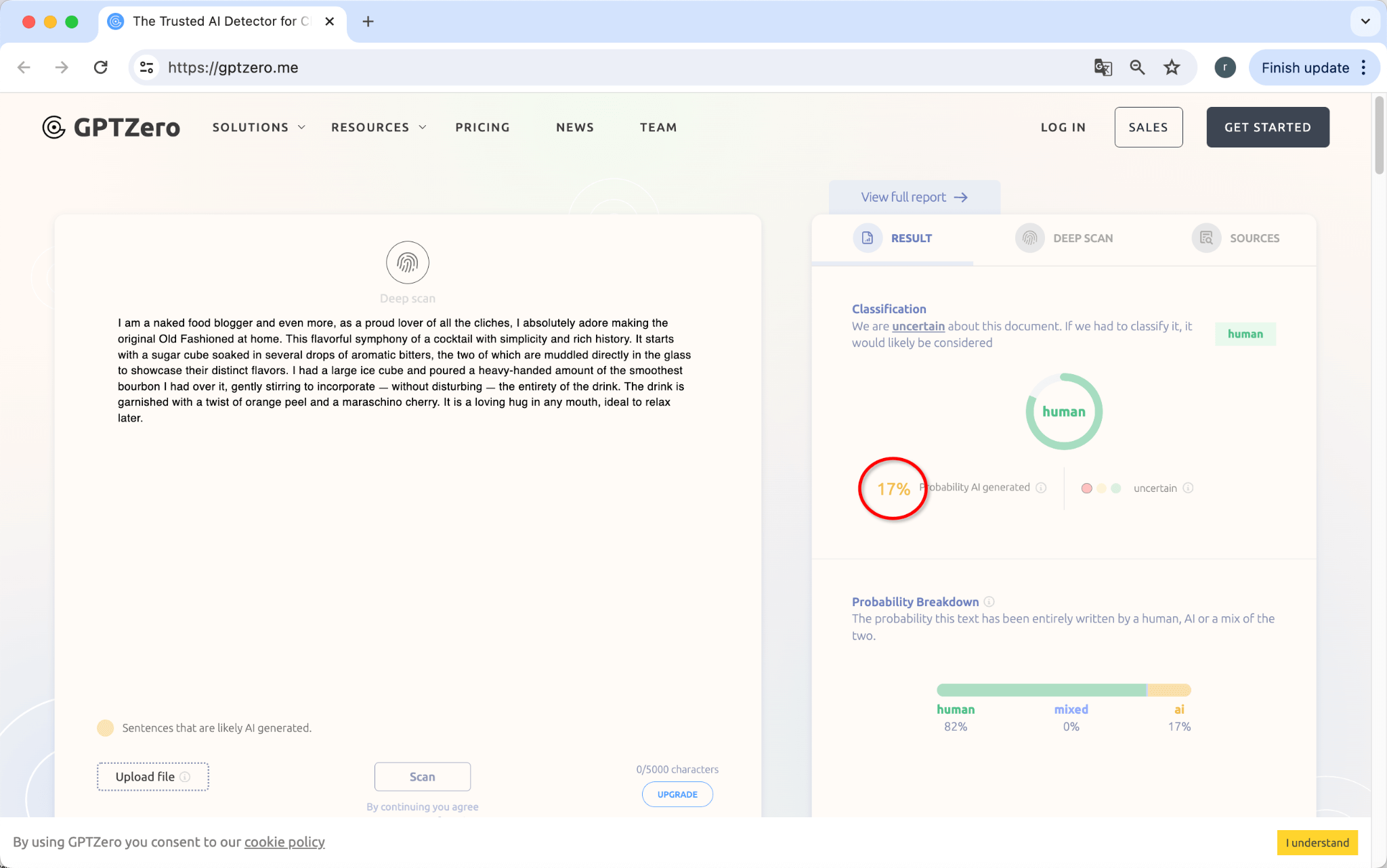 GPTZeroの出力はBypassGPTが人間化したChatGPTテキストの17%がAIであることを示しています