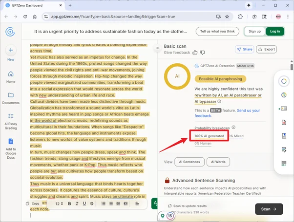 GPTzero 对 Grubby AI 的输出的评分为 100% AI