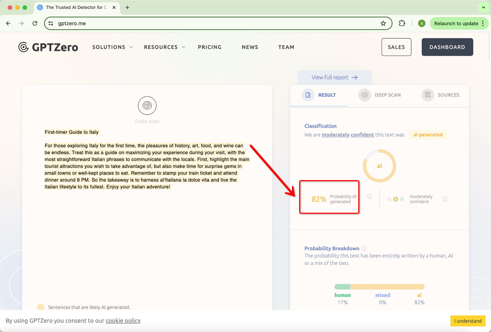 Calificación de GPTzero de la Humanización de HIX.AI Bypass Versión Enmendada de Grammarly 82 por ciento IA