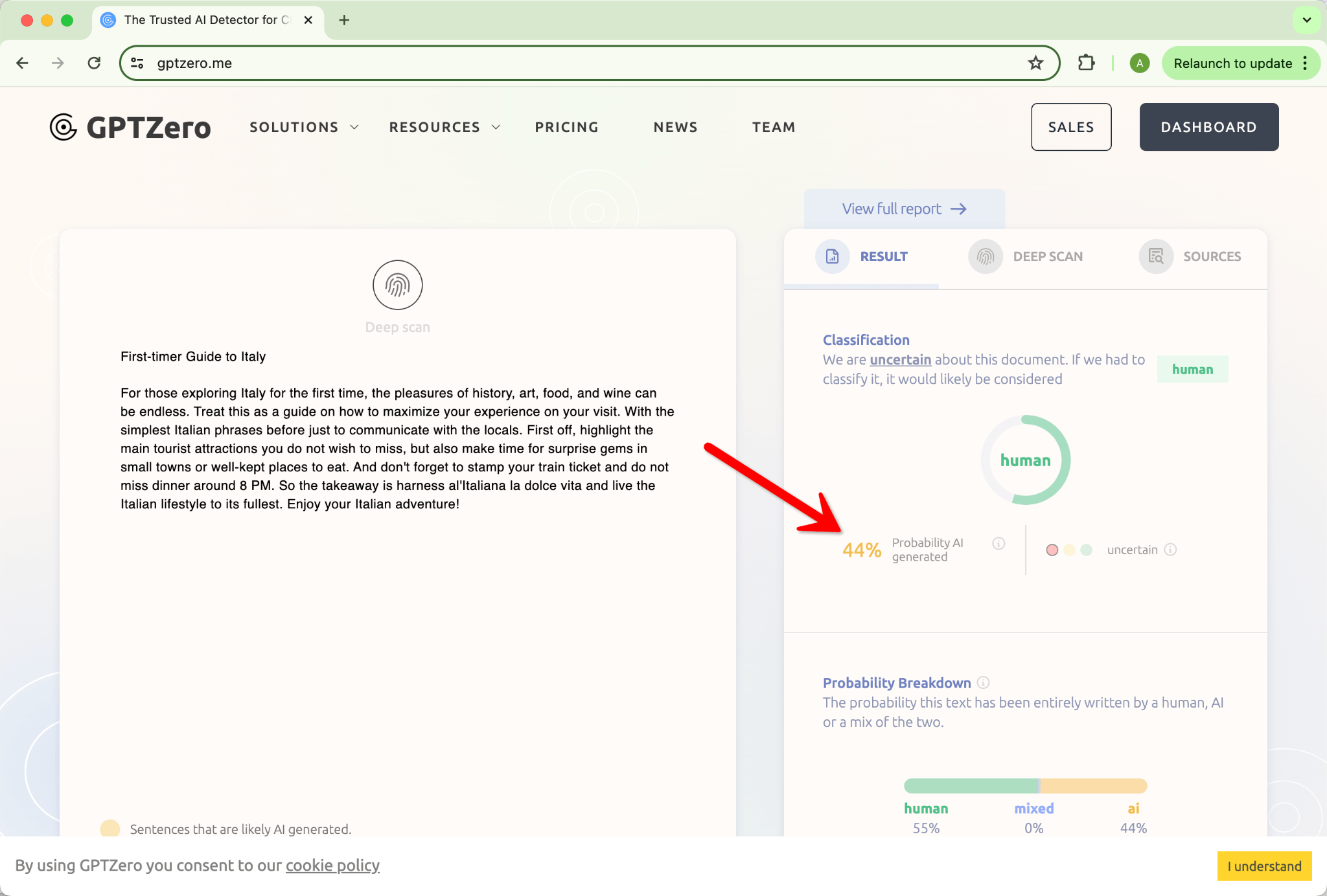 Calificación de GPTzero de Humanización HIX.AI Bypass Salida Inicial 44 Puntuación AI
