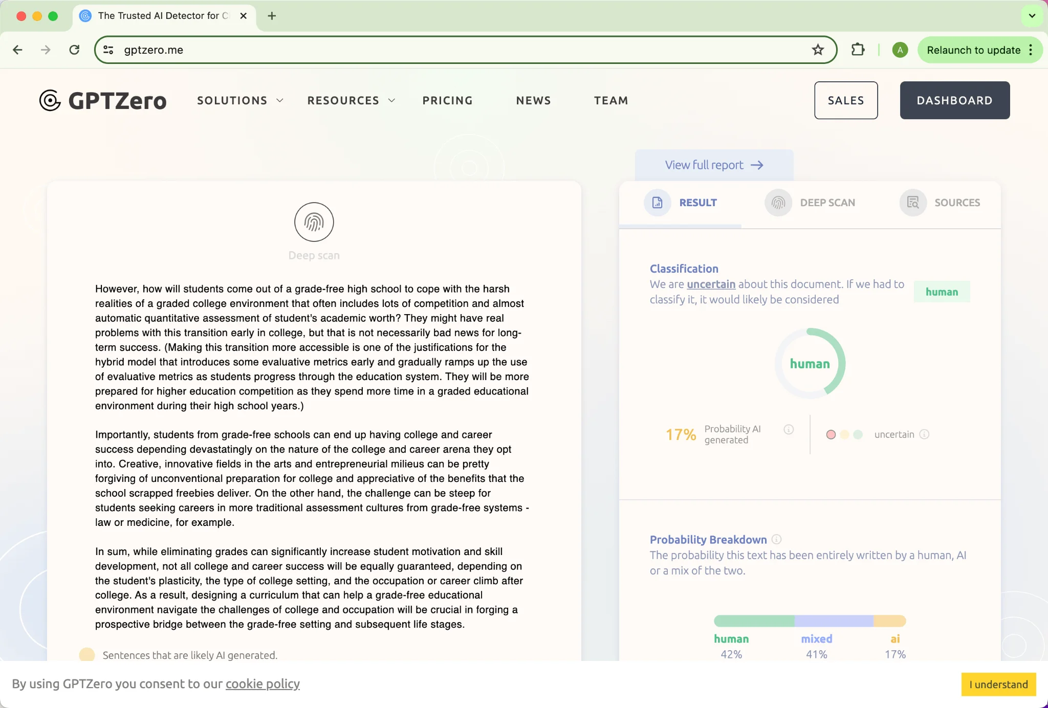 GPTzero Bewertung Phrasly.Ai Humanisierung Grammarly Geänderte Version 17 Prozent AI