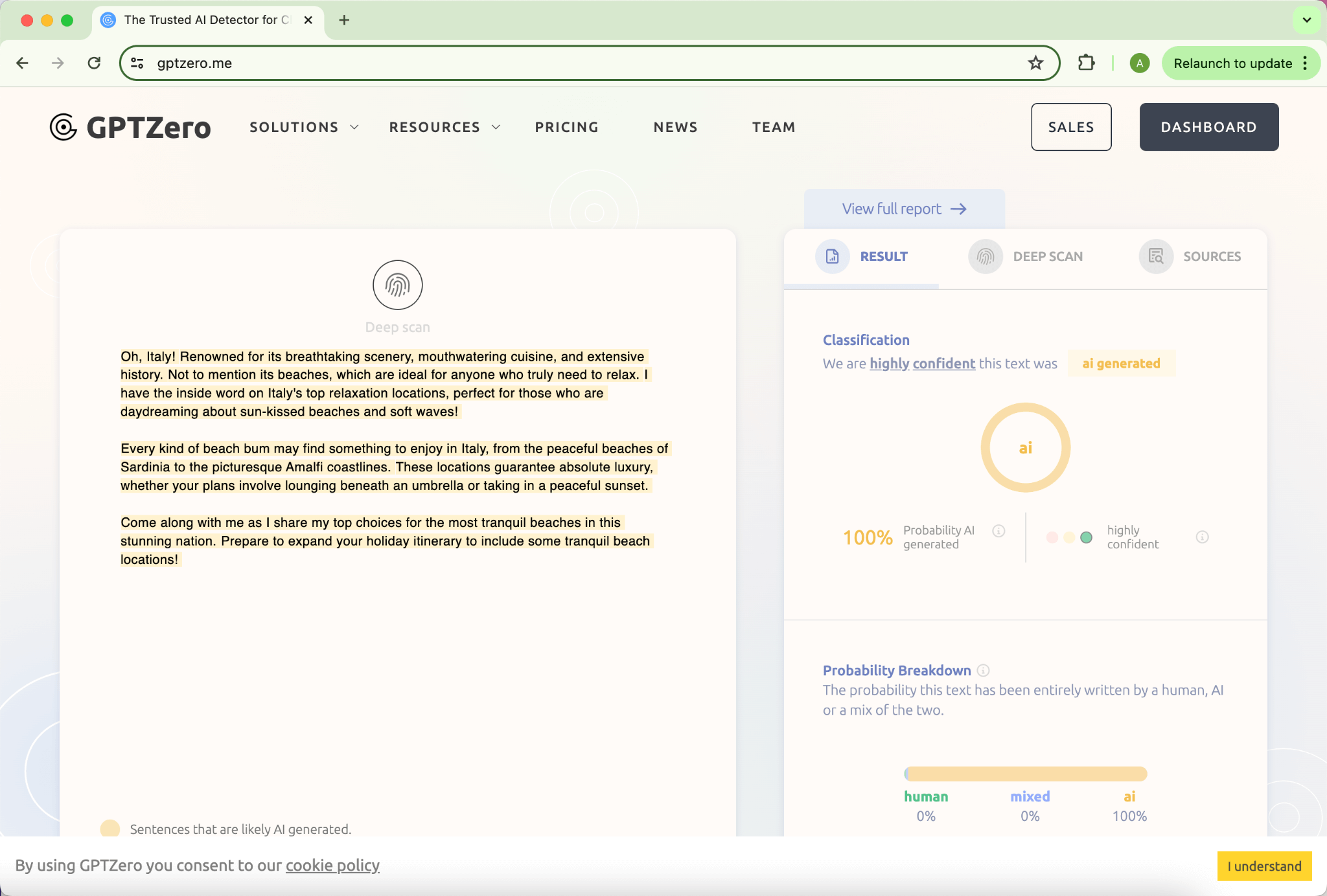 Punteggio GPTZero sulla Produzione Iniziale del QuillBot 100% AI