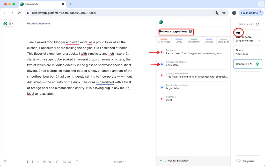 GrammarlyはBypassGPTの人間化されたChatGPTテキストの初期出力にスコア90を与えた