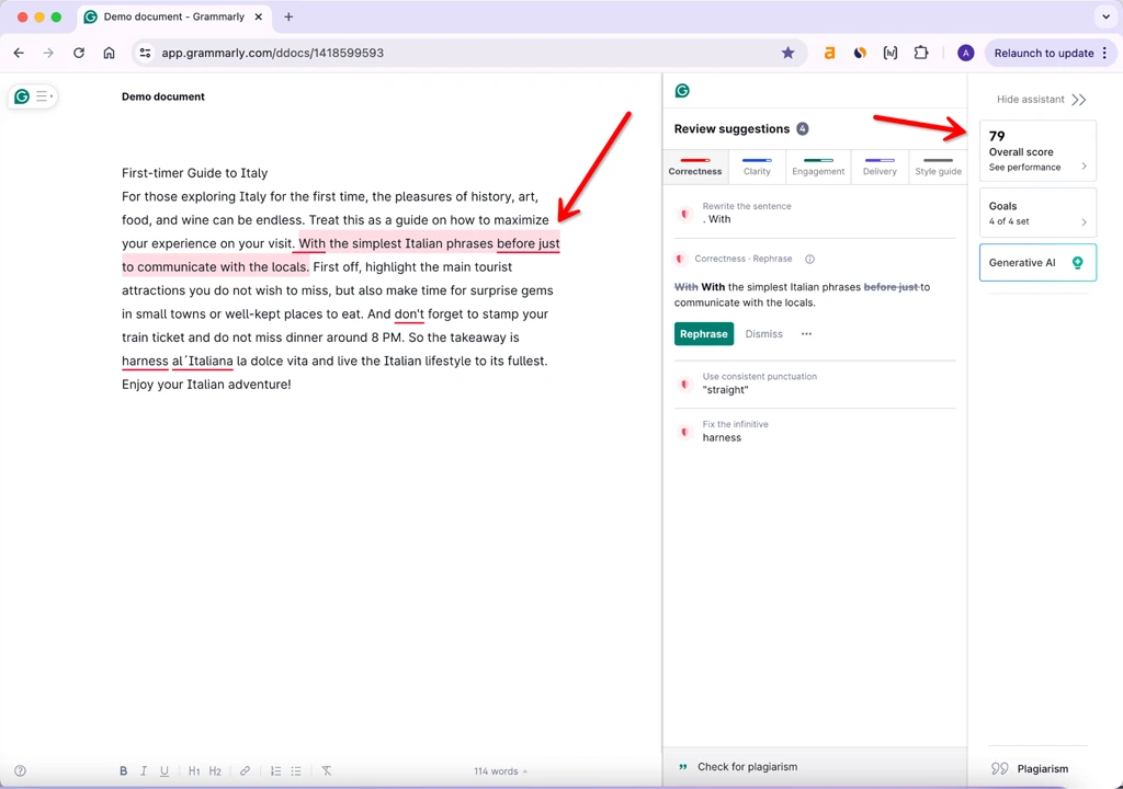 Calificación Pro de Grammarly de la humanización de HIX.AI Bypass Ejecución Inicial 79