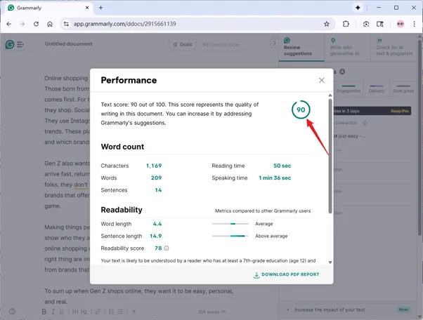 Grammarly Pro Scoring Writesonic Humanized Text Initial Version 90  Grammarly Pro Scoring Writesonic Humanized Text Initial Version 90