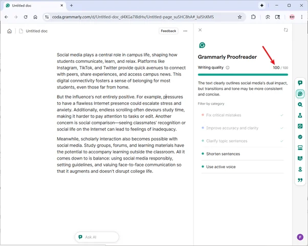 Grammarly scores  the grammatically optimized output of Humanize AI 100 Grammarly scores  the grammatically optimized output of Humanize AI 100
